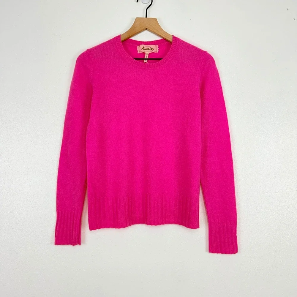 Ainsley 100% Cashmere Crew Neck Sweater Women M Bright Pink Soft Cozy Luxury - Picture 15 of 16